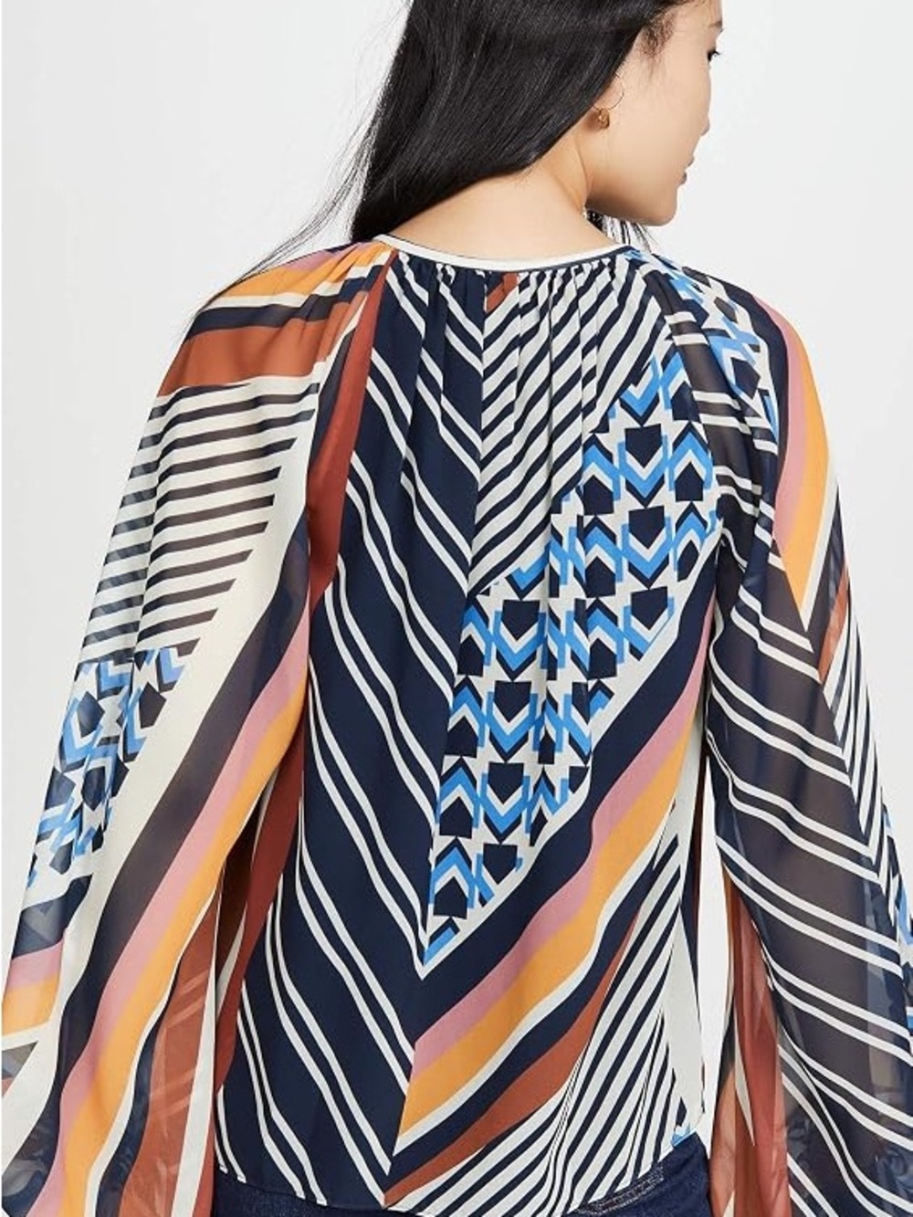 Ramy Brook Vibrant Geometric Partern Tie Neck Blouse Flowy Lightweight Size M - Picture 2 of 8